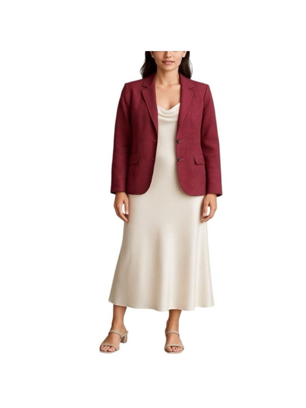 Lucky Brand burgundy linen blend 2 button roll sleeve unlined blazer jacket S - Picture 2 of 14